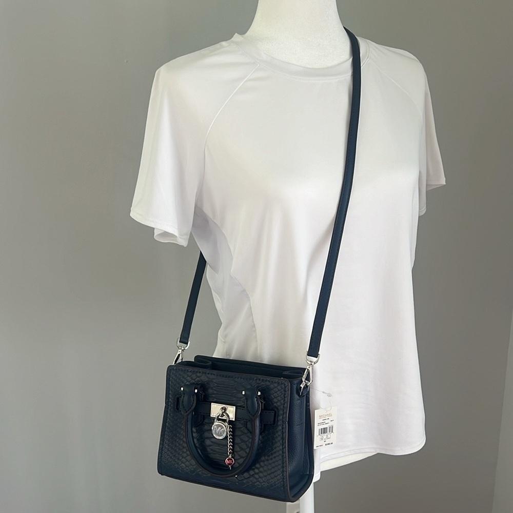 Michael Kors Hamilton Snake embossed Leather Satchel Crossbody bag Navy … - Picture 9 of 10